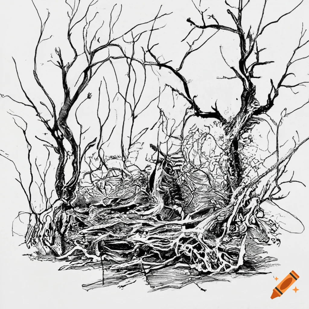 Black and white ink drawing of a thicket of thorn vines and briars on ...