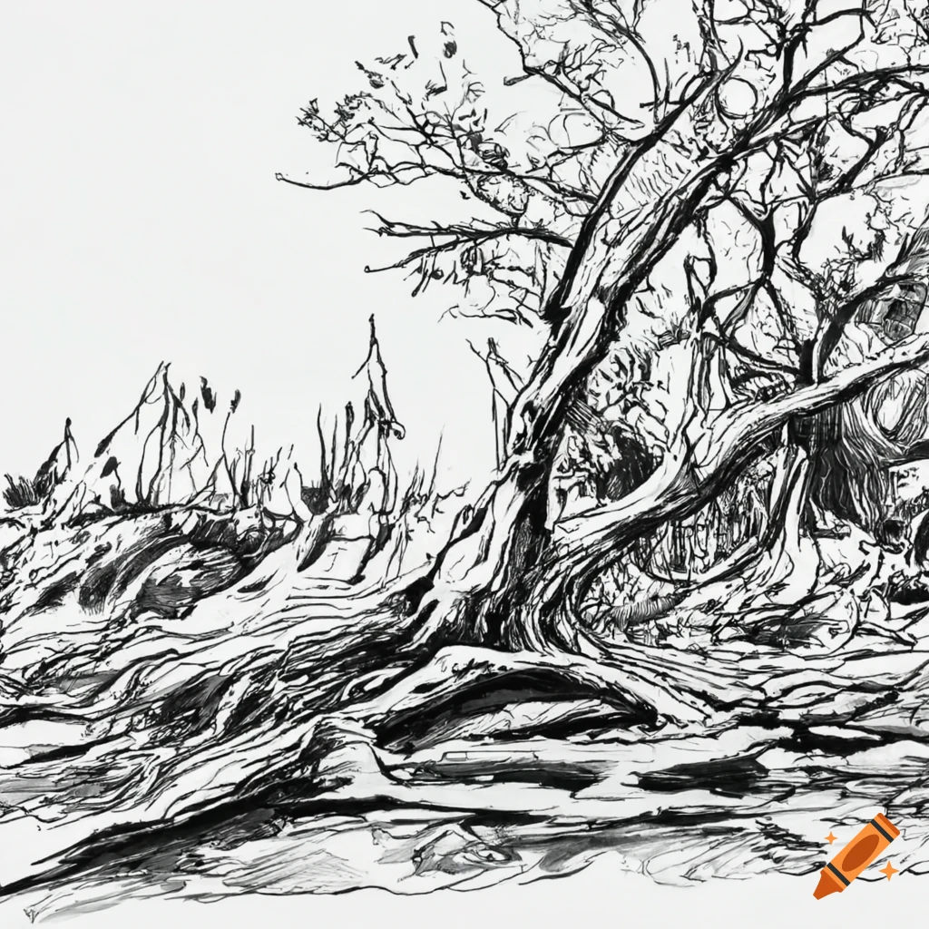 Ink drawing of a fallen tree in the countryside on Craiyon