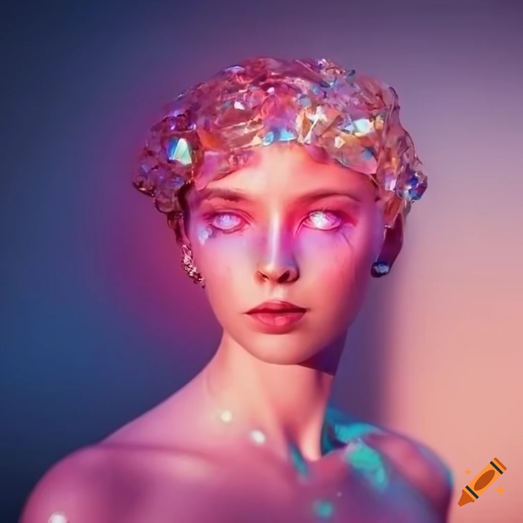 crystal girl with a seashell on her ear by a translucent lake