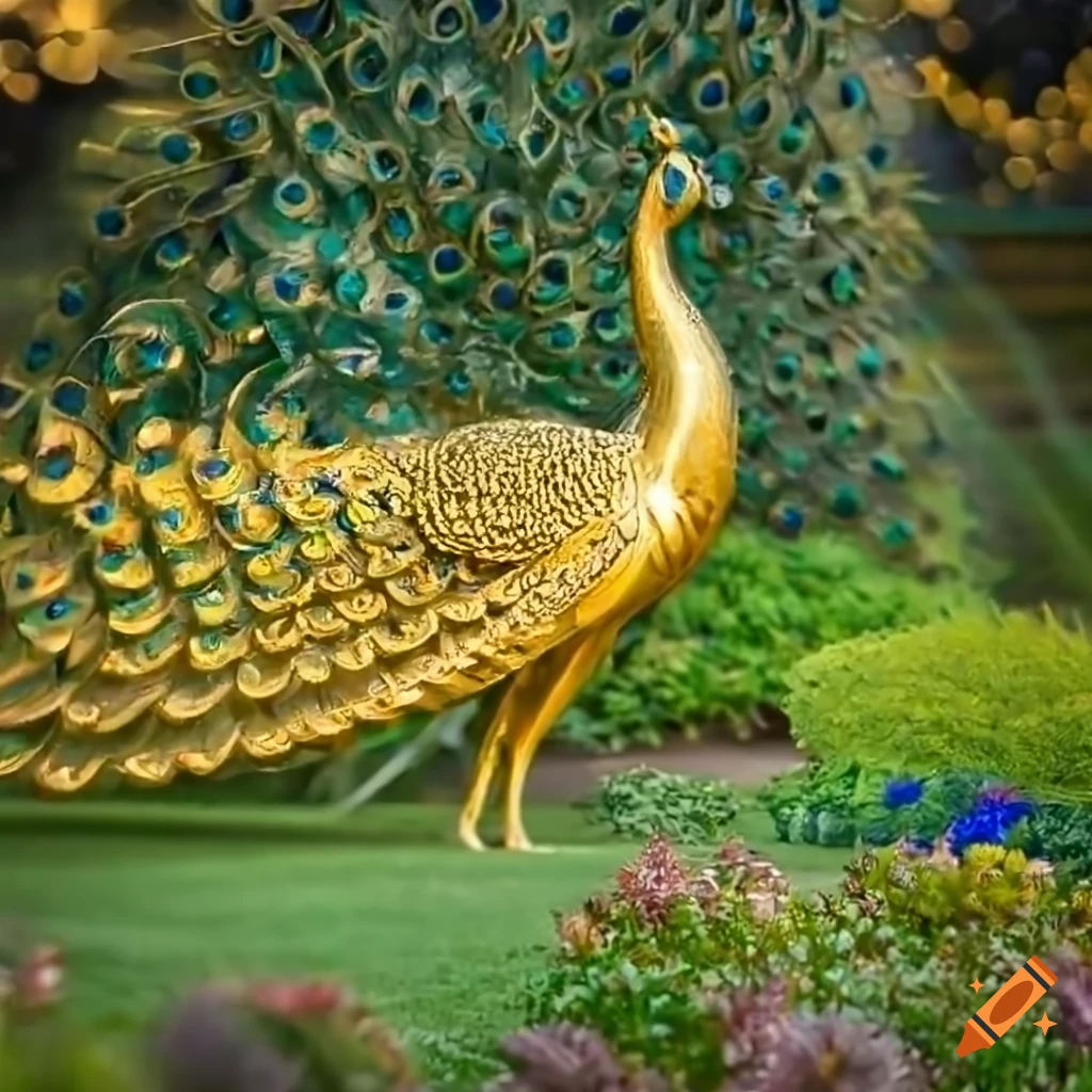 Golden peacock sculpture with fine details on Craiyon