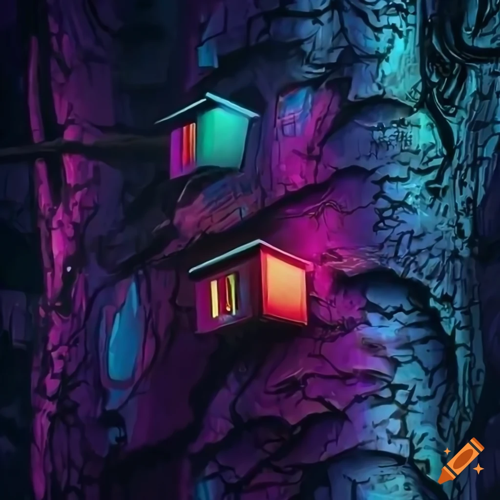 colorful digital illustration of surveillance cameras on tree branches