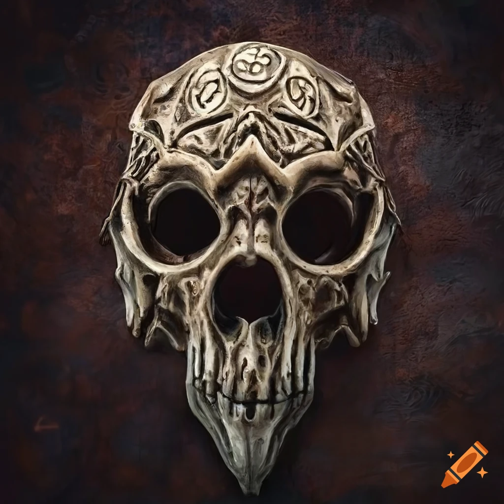 biomechanical Raven Skull death mask on raven feathered background