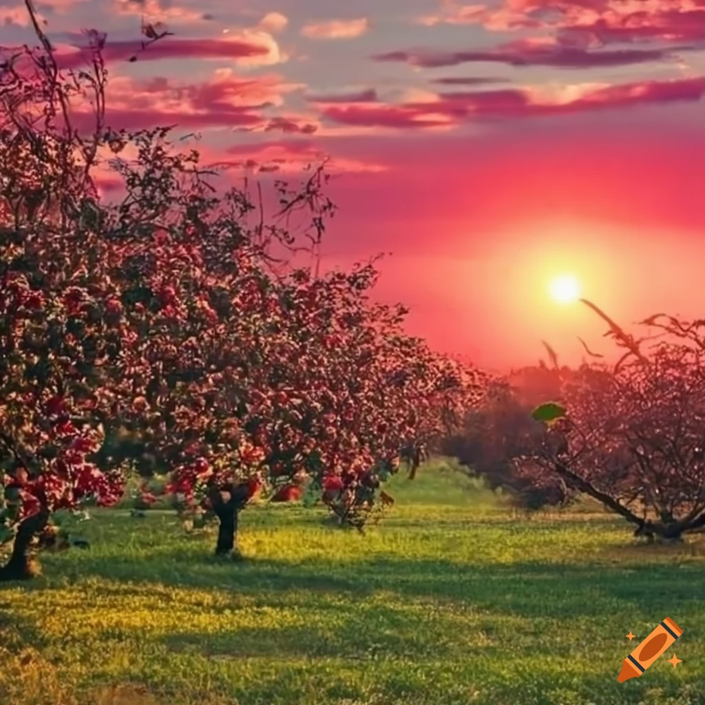 sunset over an apple orchard