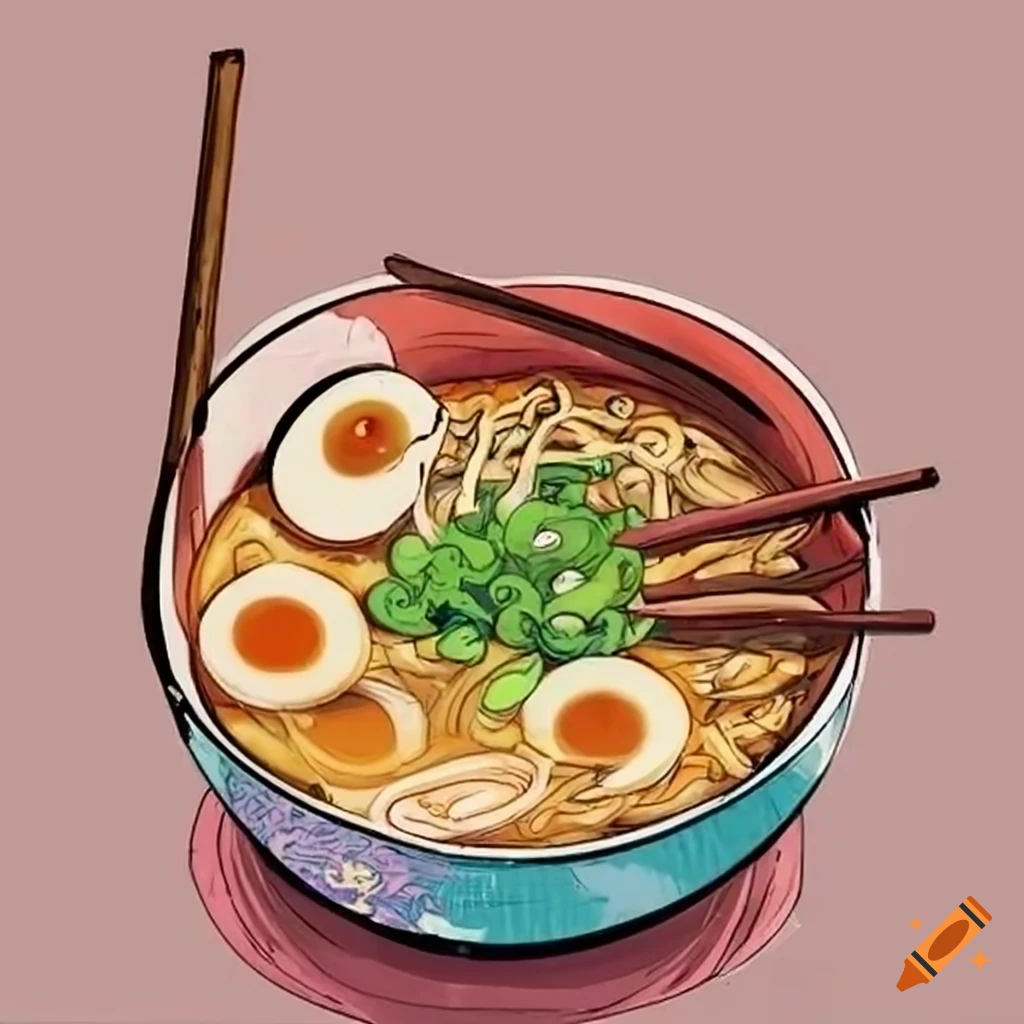 comic style illustration of a whimsical ramen bowl