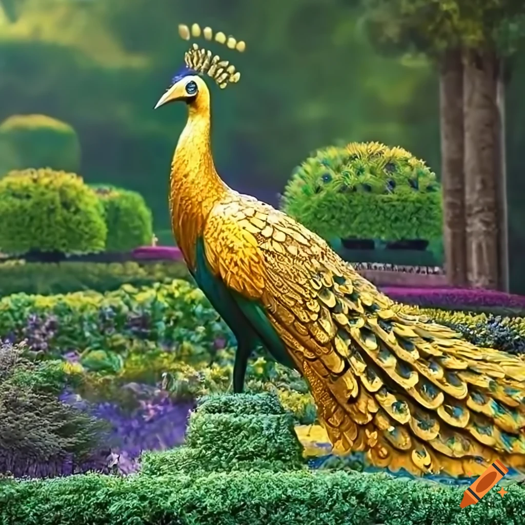 Golden peacock sculpture with intricate details in a garden on Craiyon