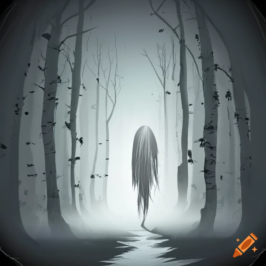 creepy misty forest with shadow person