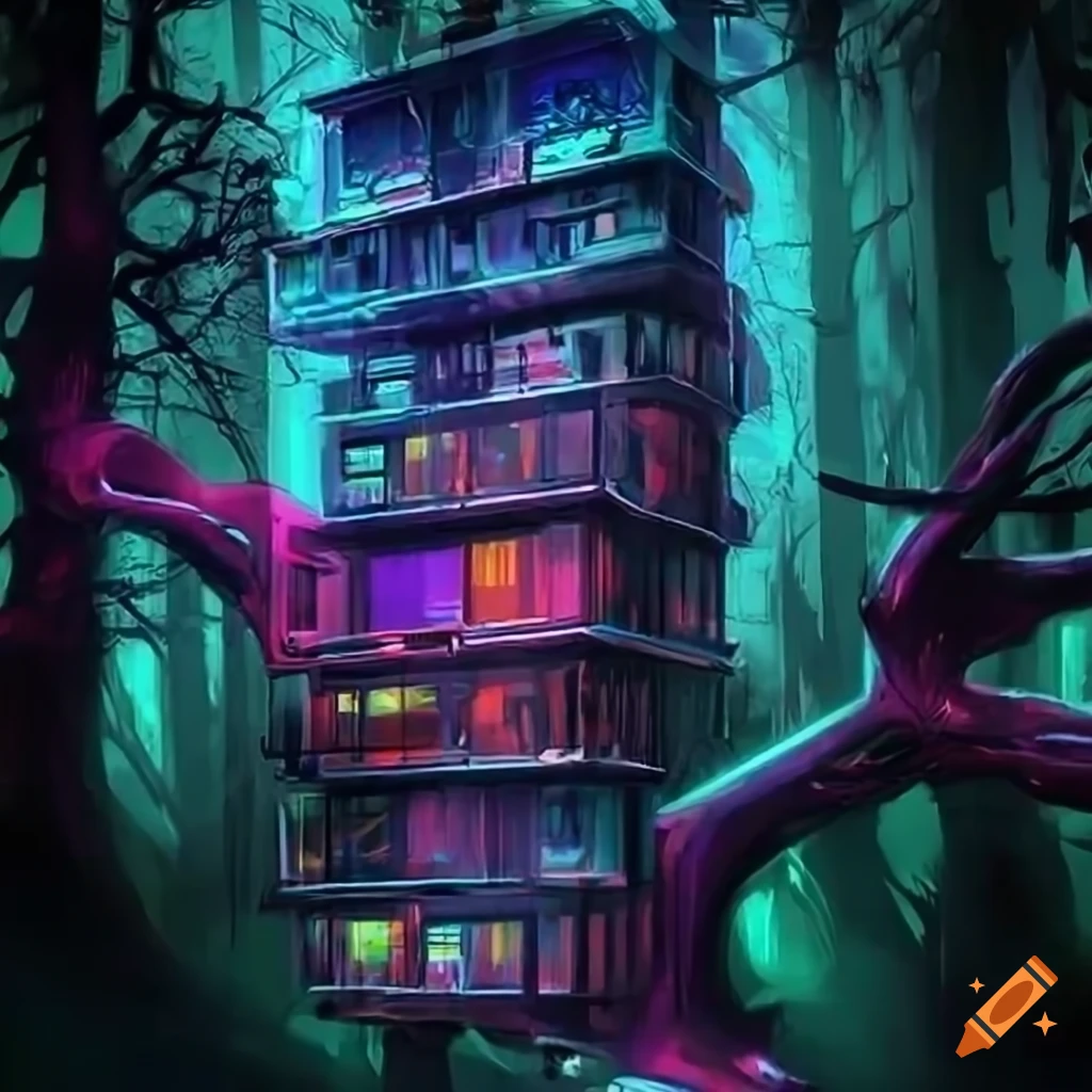cyberpunk-style surveillance cameras on tree branches