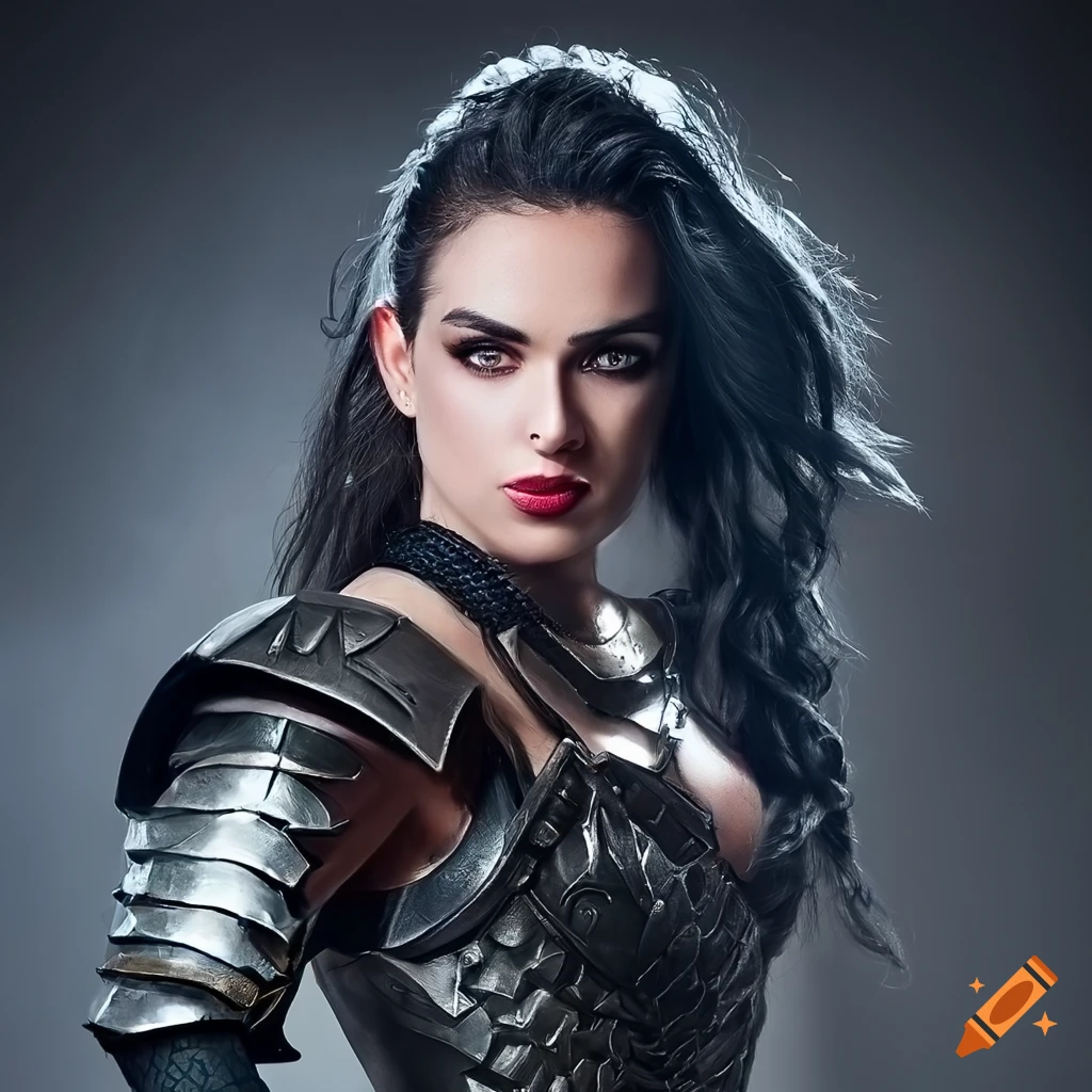 Fantasy artwork of a fierce woman warrior in dragon armor on Craiyon