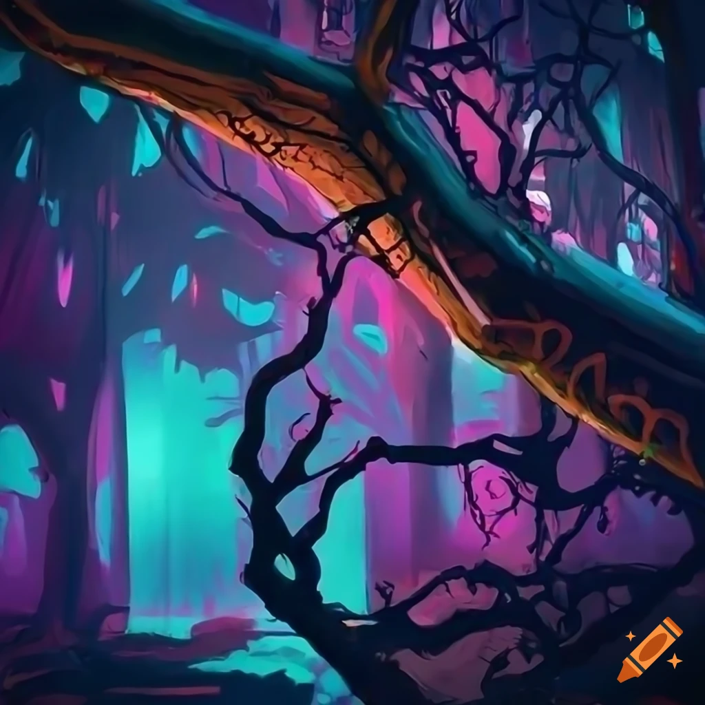 colorful digital illustration of surveillance cameras on tree branches