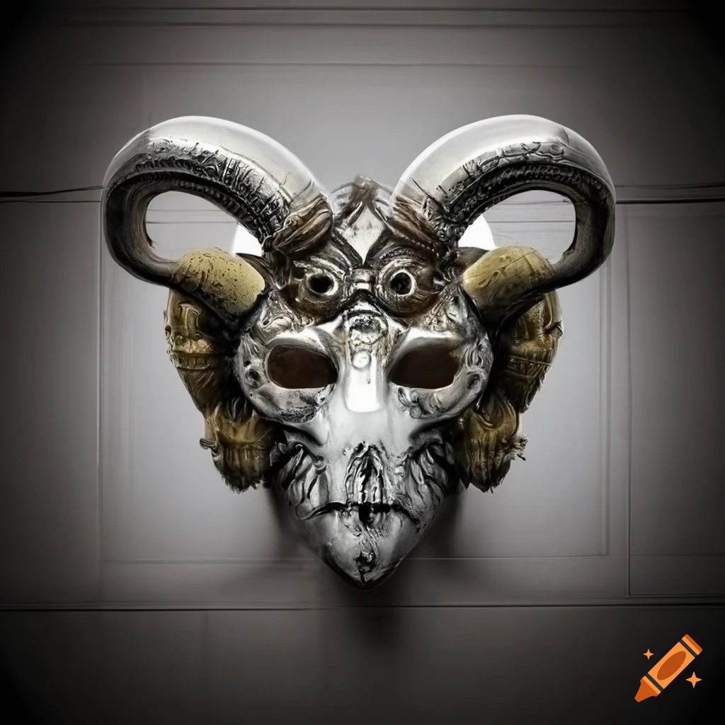 Chrome biomechanical ram steampunk death mask on metal backdrop on Craiyon