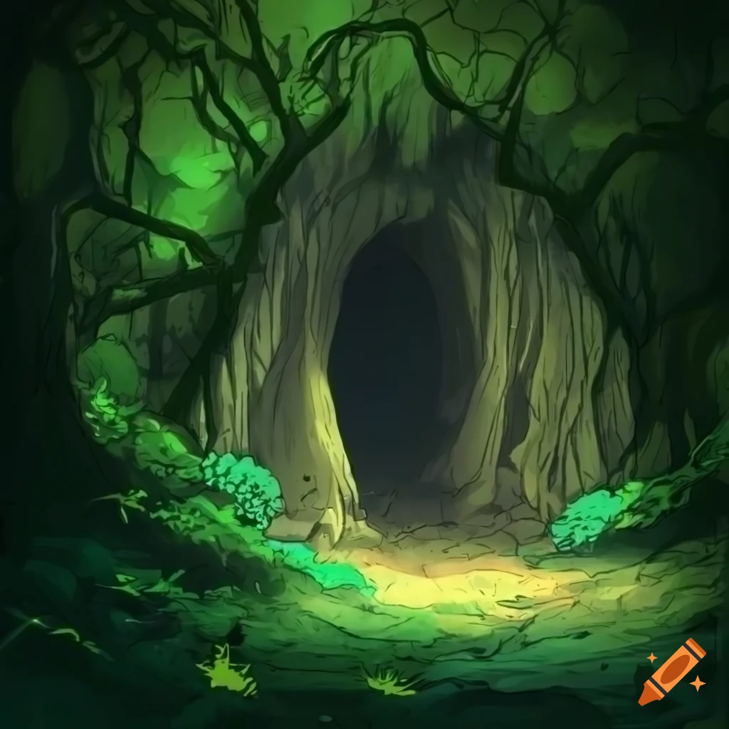 manga-style cave entrance in the jungle