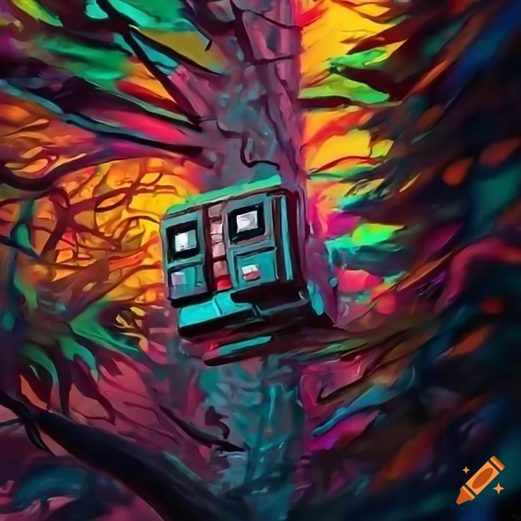 colorful digital illustration of surveillance cameras on tree branches