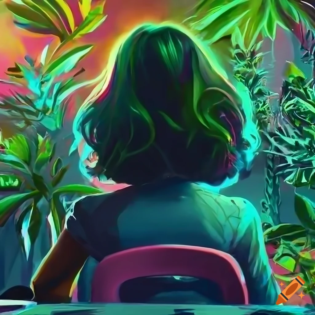 girl with glasses sitting at desk in a colorful cyber punk world