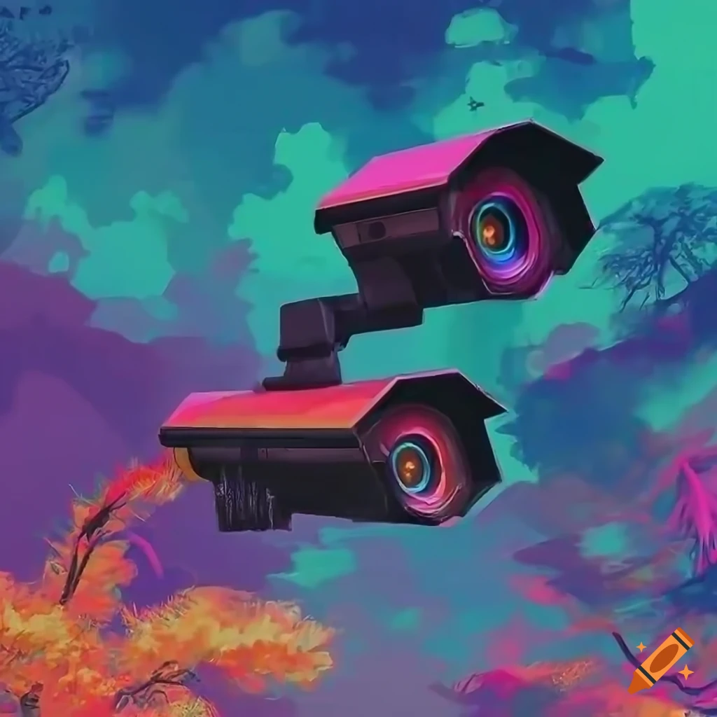 colorful digital illustration of surveillance cameras in a tree