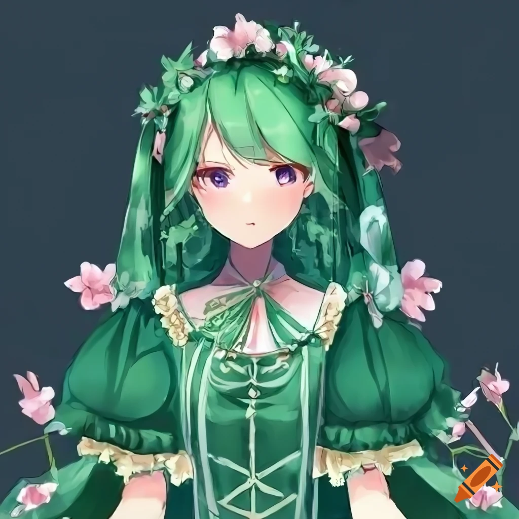 Render of an anime girl with long green hair and pink eyes on Craiyon