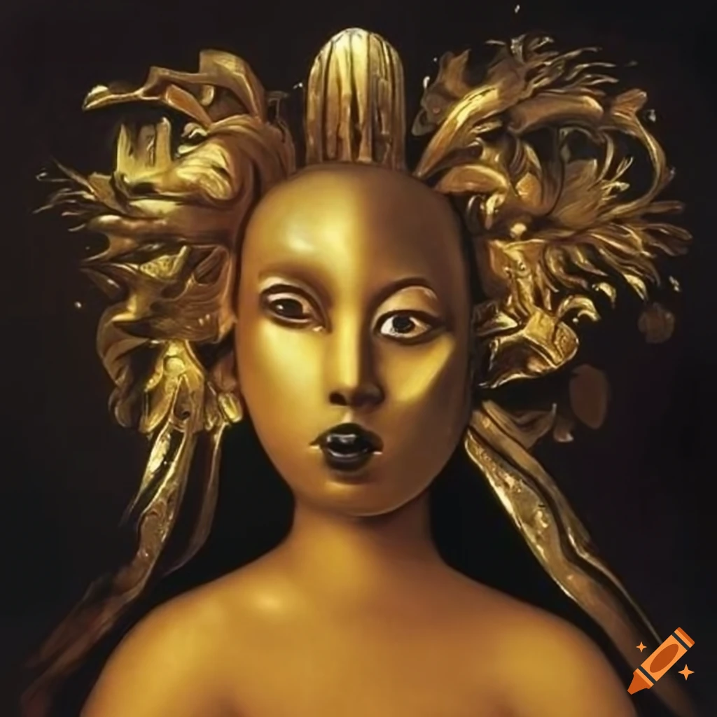 golden metal figure with black eyes in Diego Rivera style