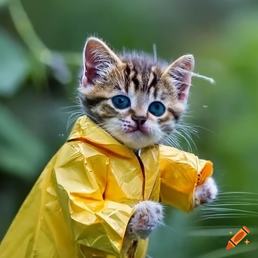 photograph of a cute kitten in a raincoat in the jungle