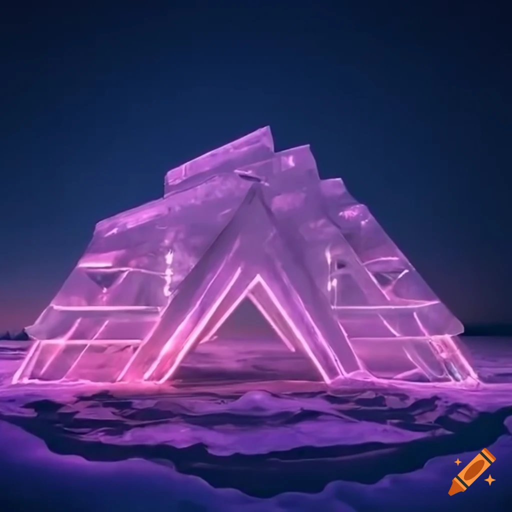 art installation with clear canopies and neon lights in icy field