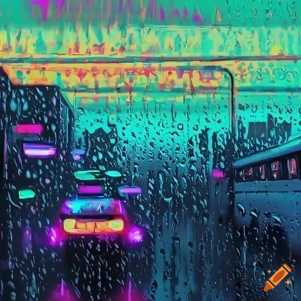 colorful acrylic painting of rain on a bus window