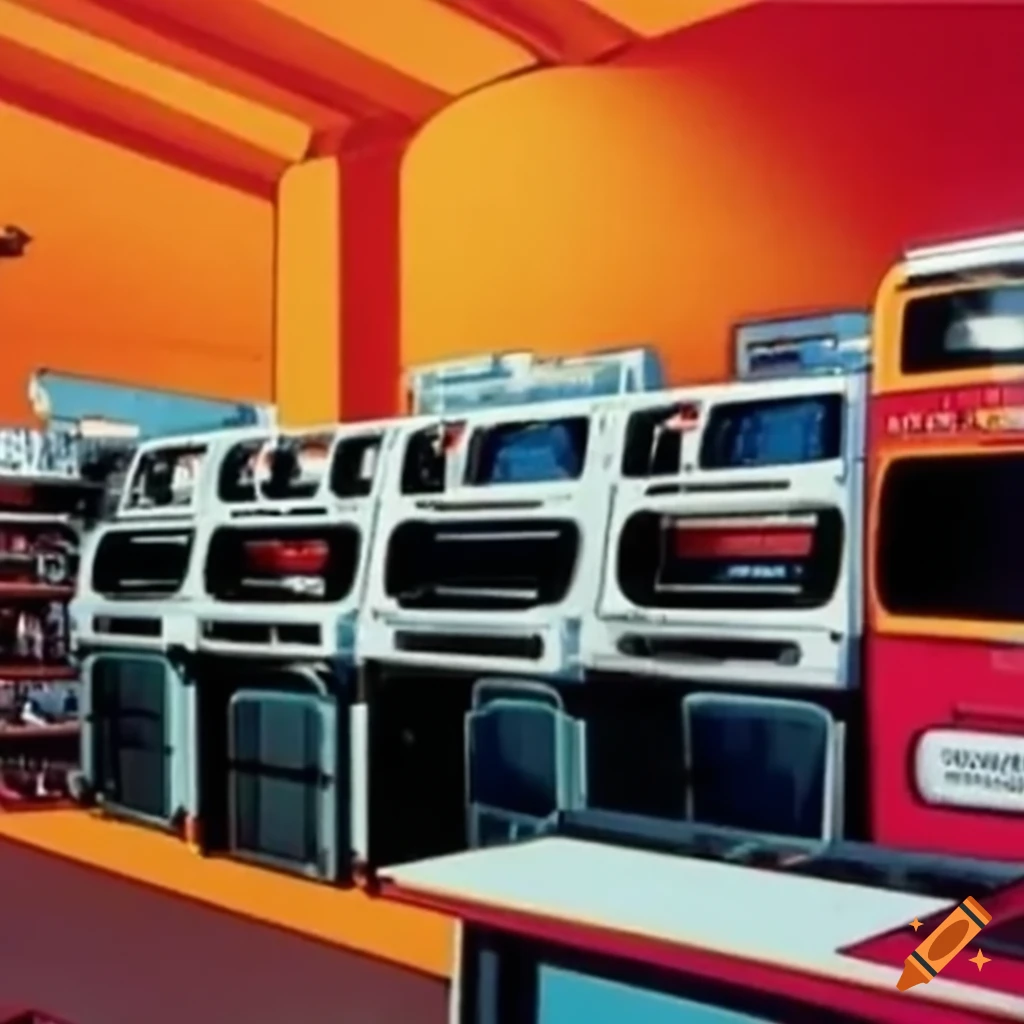 retro 1990s chillwave home appliances store interior scene