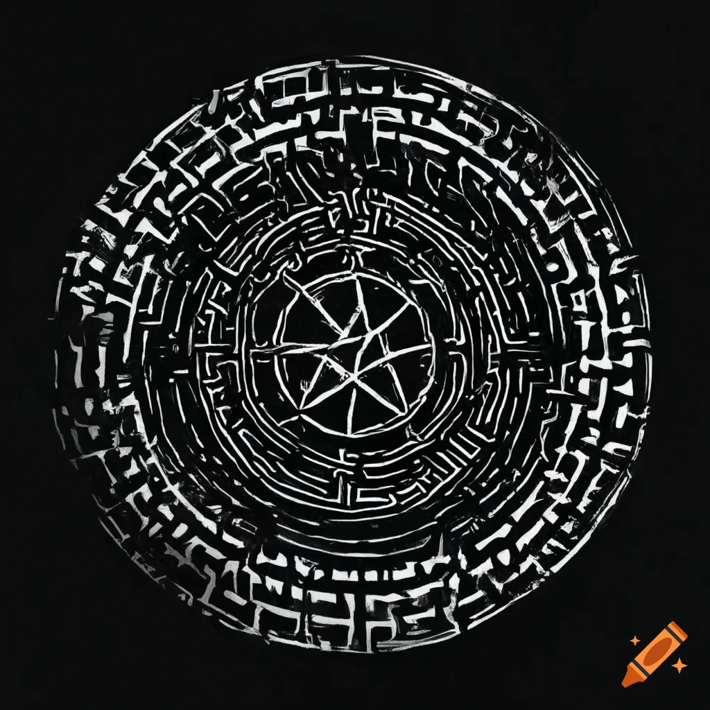 black and white line art of a labyrinth with a pentagram inside