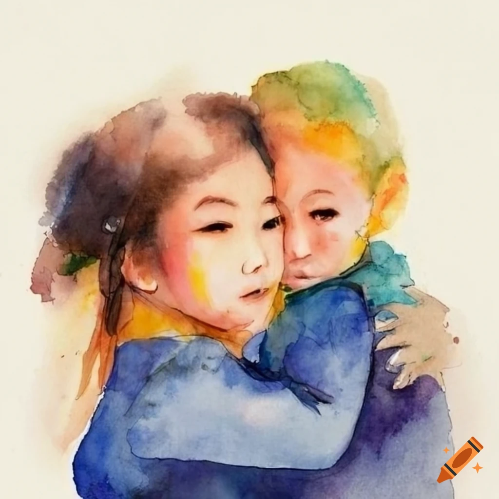 watercolor painting of an Asian mother with her blonde son