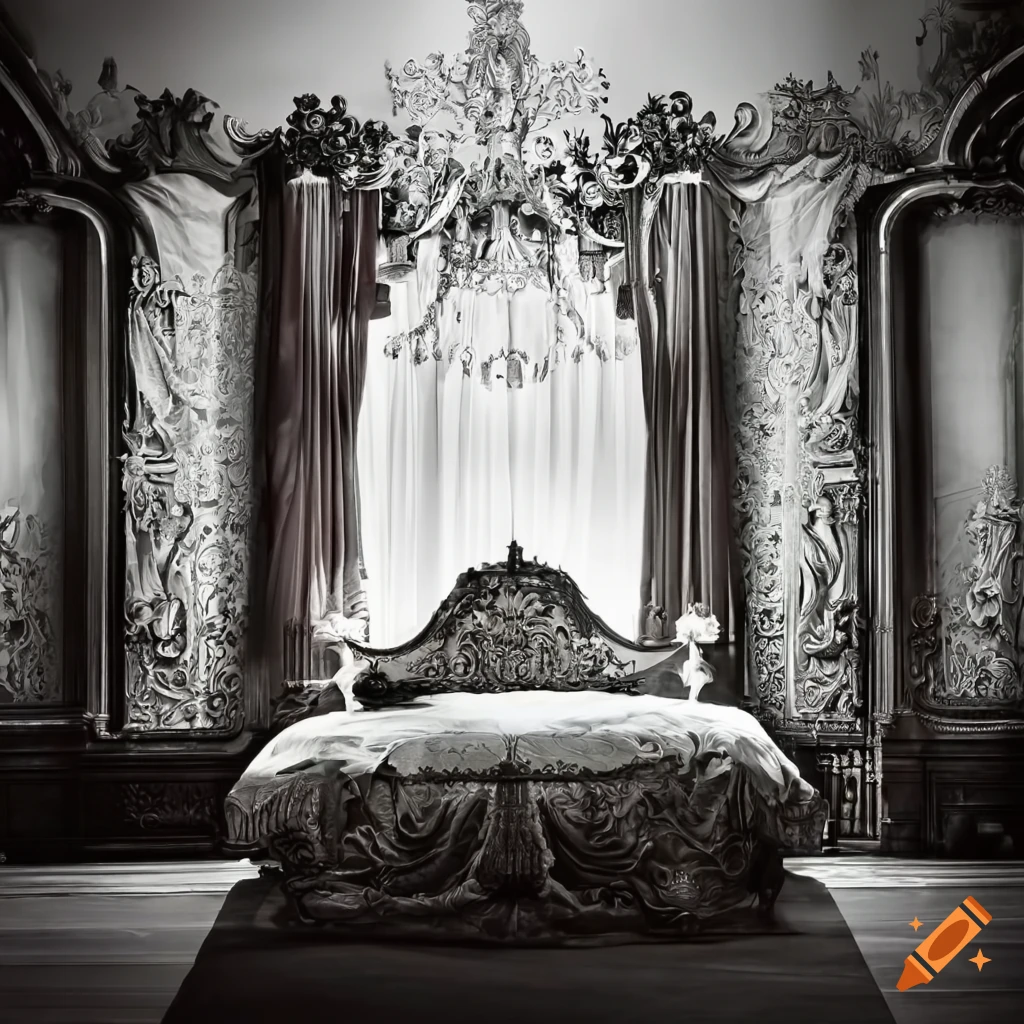 Monochrome bedroom suite with ornate bedhead on Craiyon