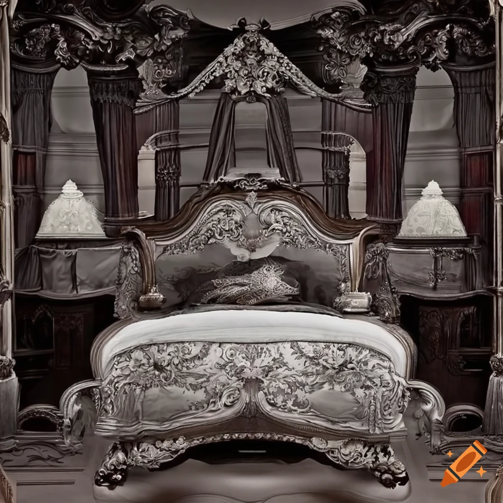 Monochrome bedroom suite with ornate bedhead on Craiyon