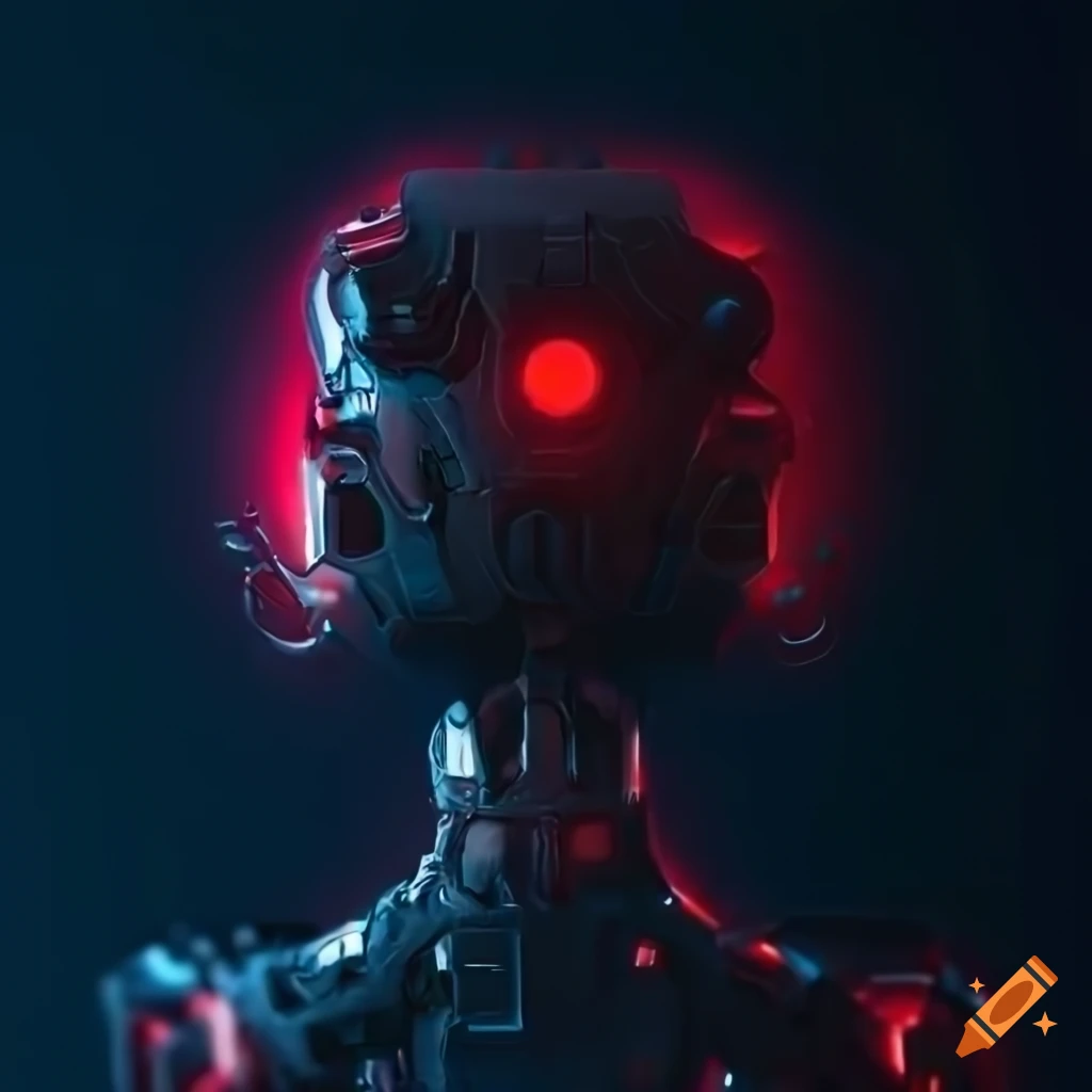 red-lit bio-mechanical gadget on neutral background