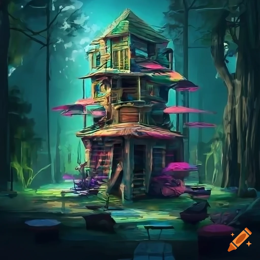 colorful digital painting of an ornate tree house with outdoor cafe