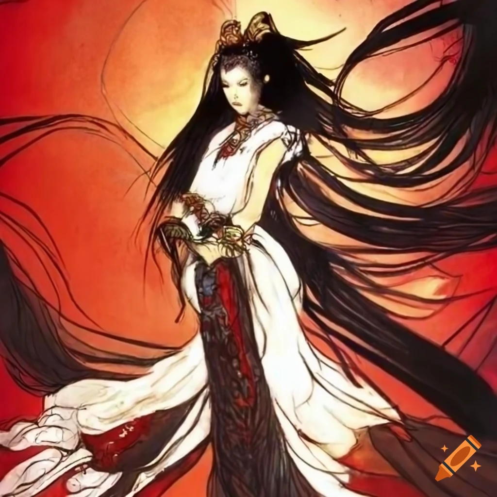 Illustration of Sun Shangxiang in Yoshitaka Amano style on Craiyon