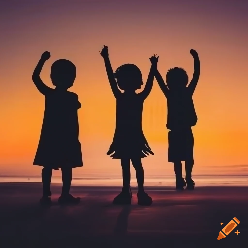 silhouette of three kids standing together at sunset