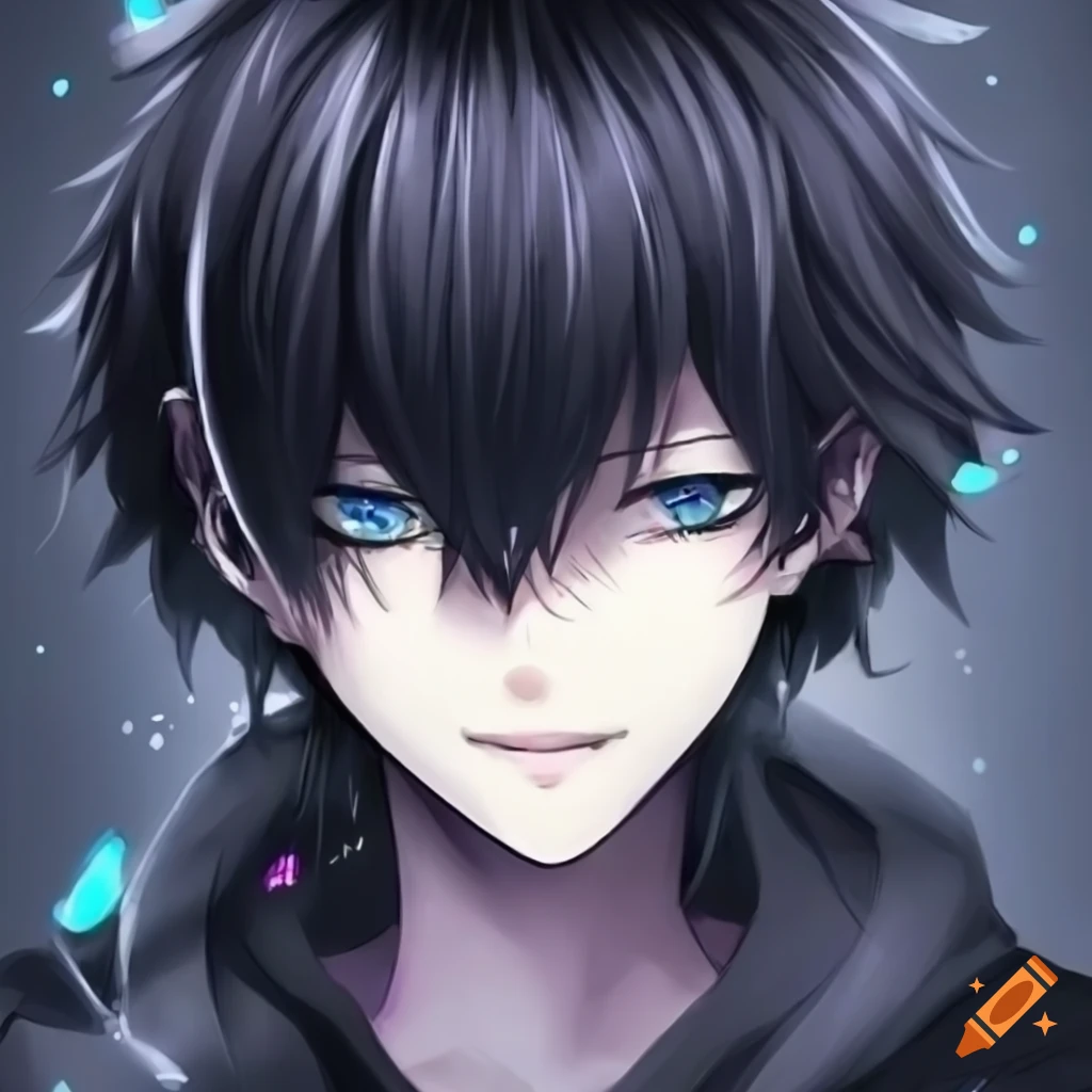 Illustration of a cyan-eyed anime boy with black hair on Craiyon, image size:1024x1024