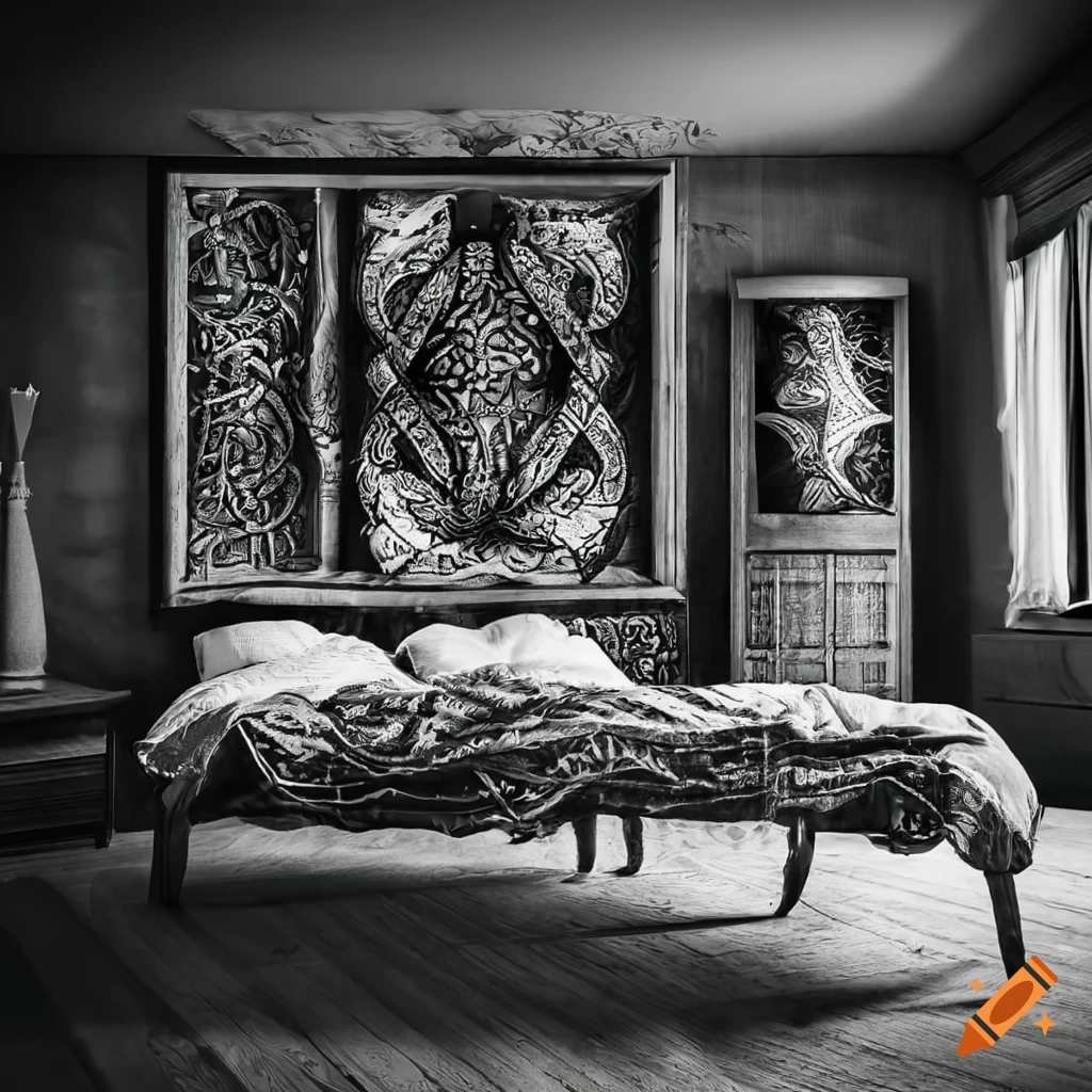 Monochrome Viking inspired bedroom design on Craiyon