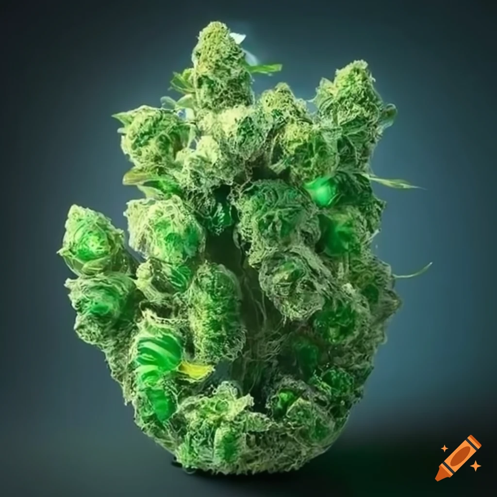 hyperrealistic depiction of a marijuana plant made of green crystals