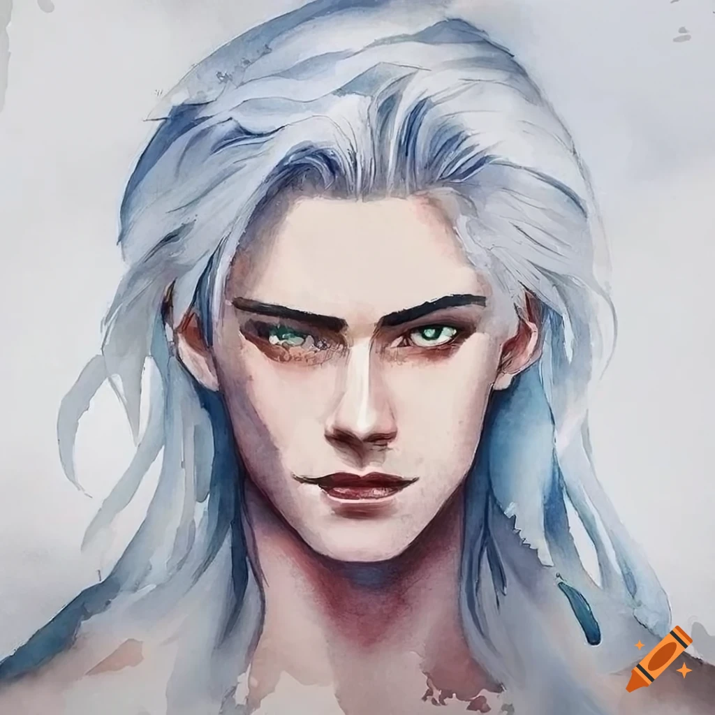 Watercolor painting of a stunning man with white hair and gold eyes on ...