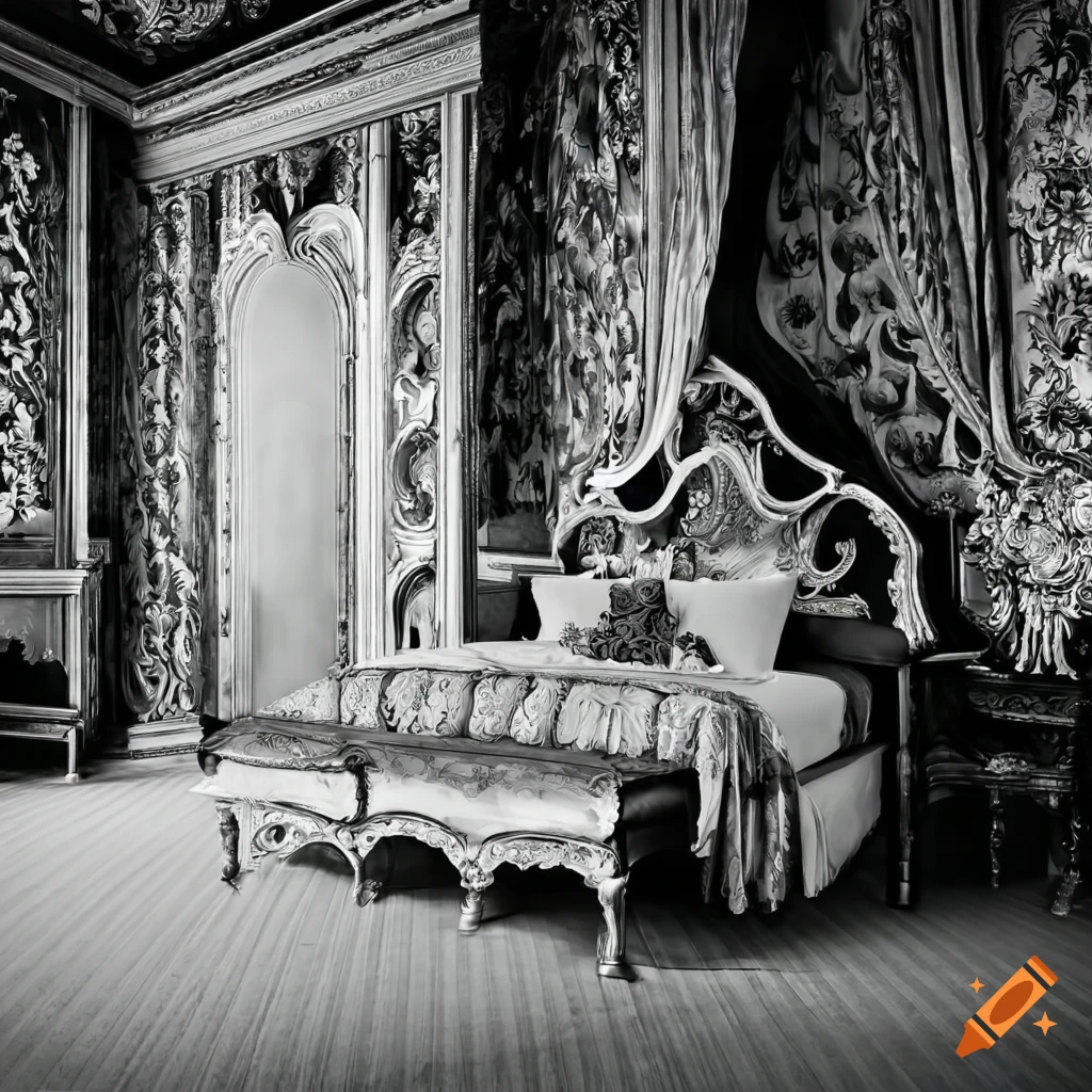 Monochrome bedroom suite with ornate bedhead on Craiyon