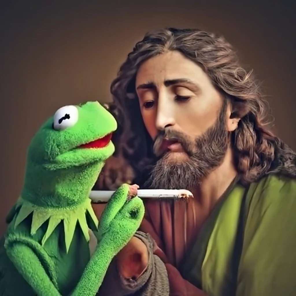 Kermit the Frog and Jesus sharing a smoke