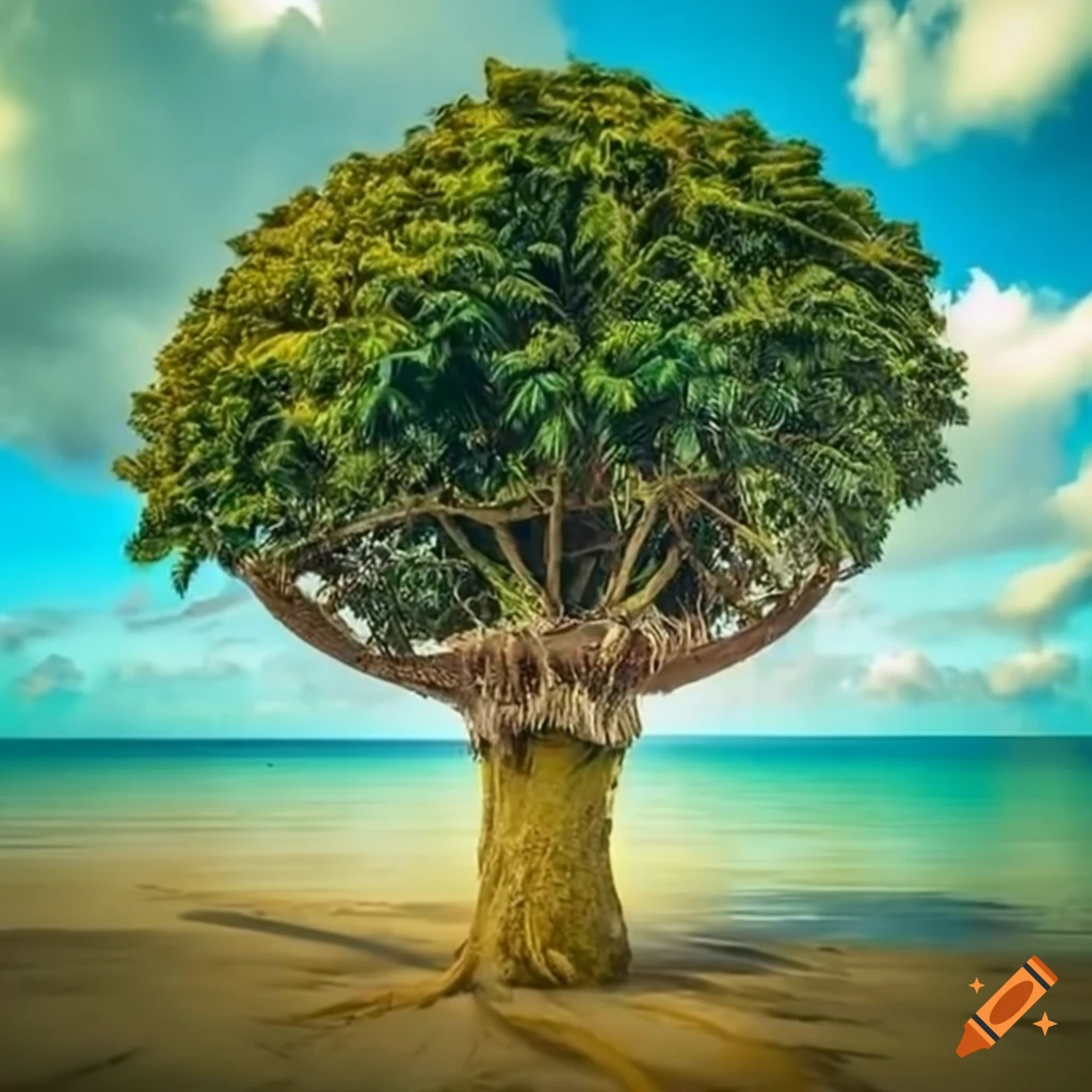 tropical tree overlooking the sea with a treehouse
