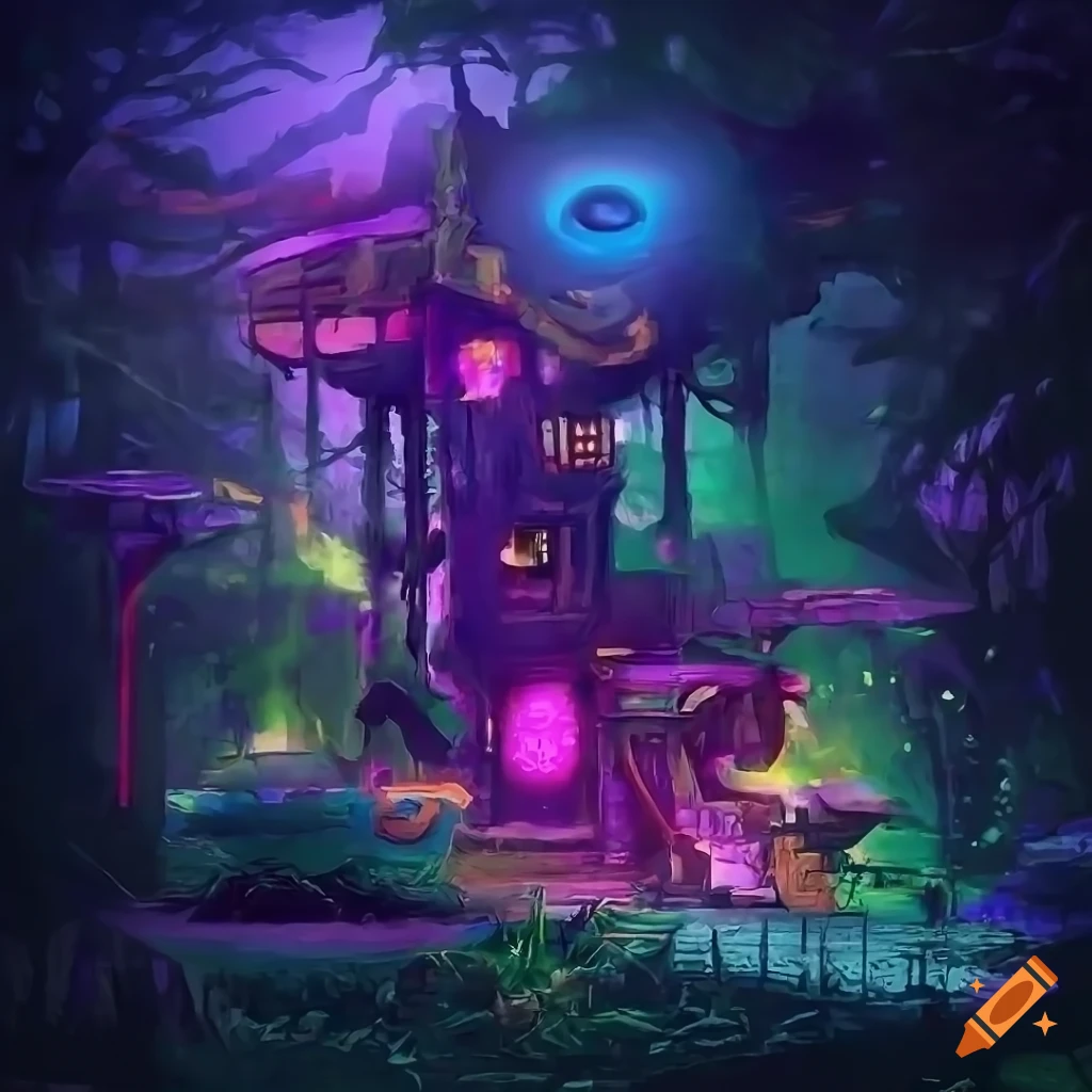 colorful and detailed fantasy art of a tree house outdoor cafe