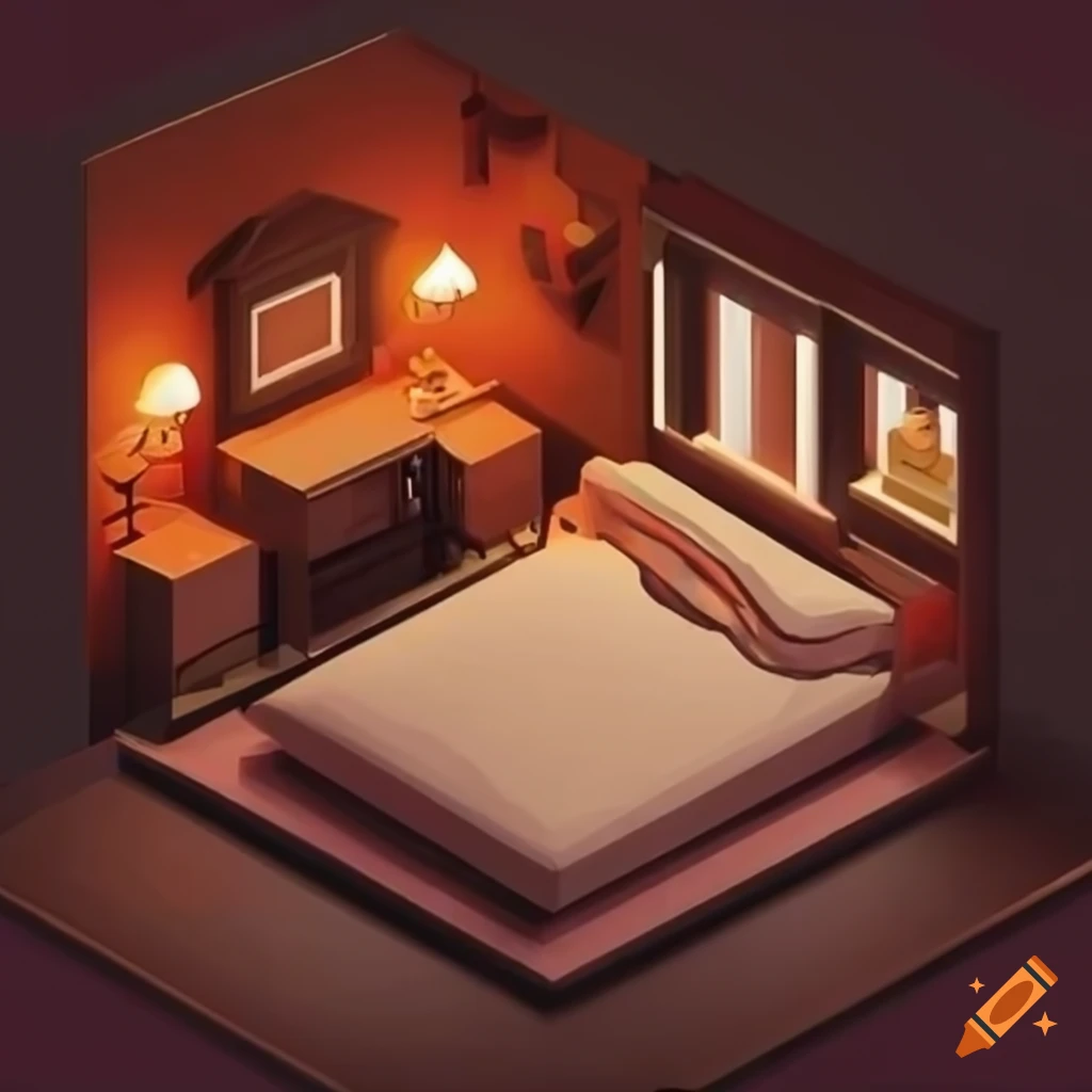 isometric illustration of a cozy room with a chimney