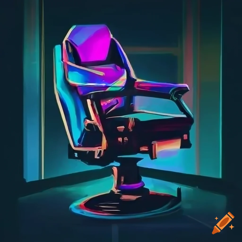 cyberpunk barber chair cutting hair in vivid colors
