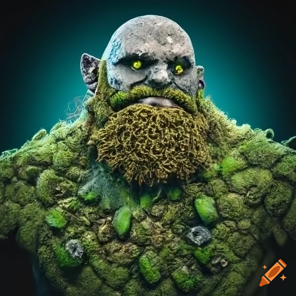 close-up portrait of a powerful golem with mossy stone beard