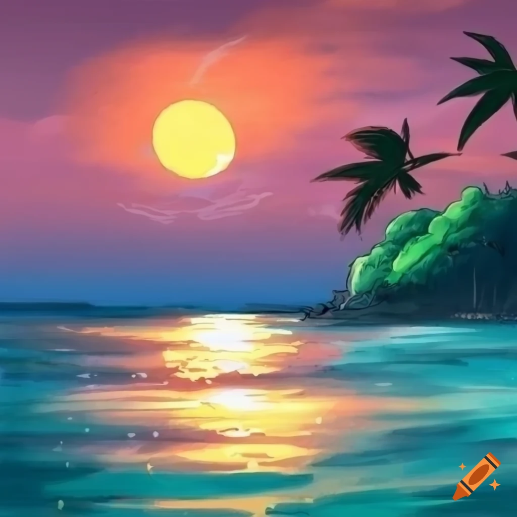dessin of a tropical island with a sunset