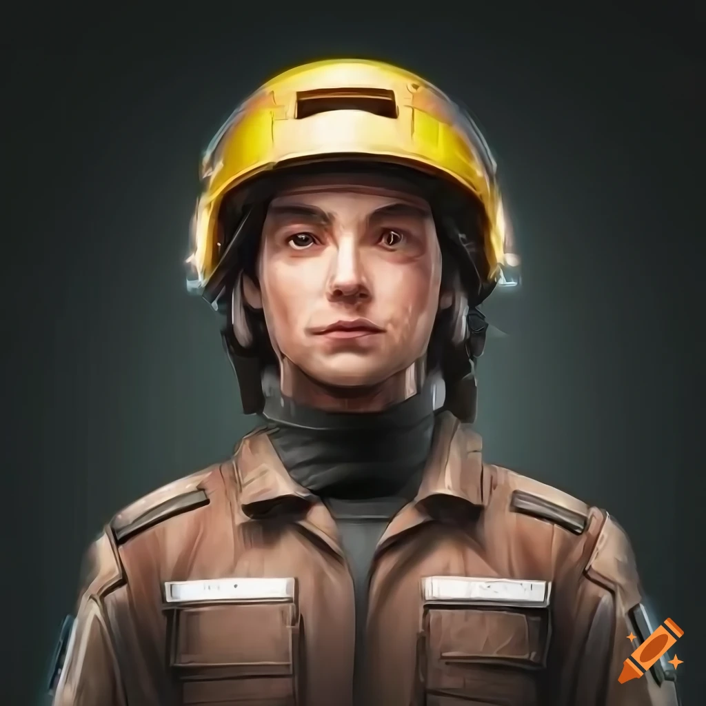 photo portrait of a spaceship engineer with long brown hair