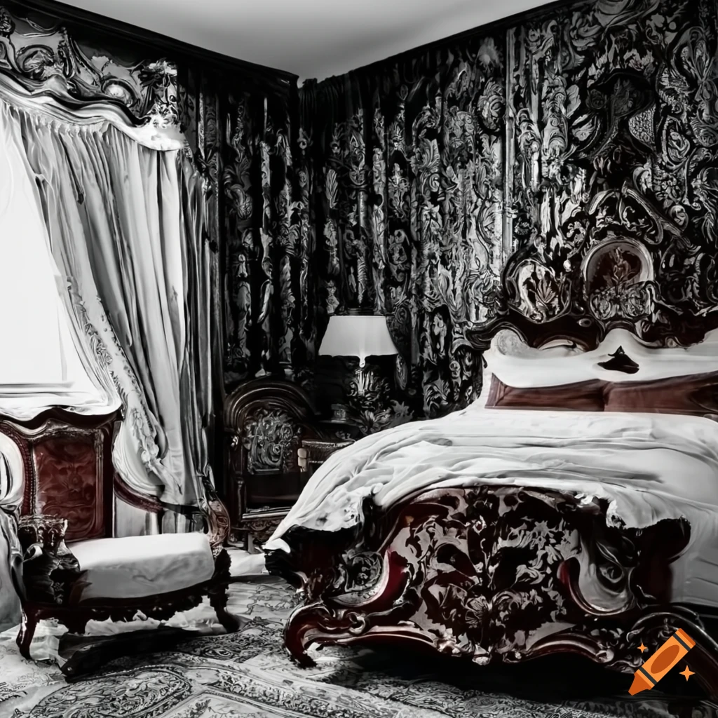 Monochrome bedroom suite with ornate bedhead on Craiyon