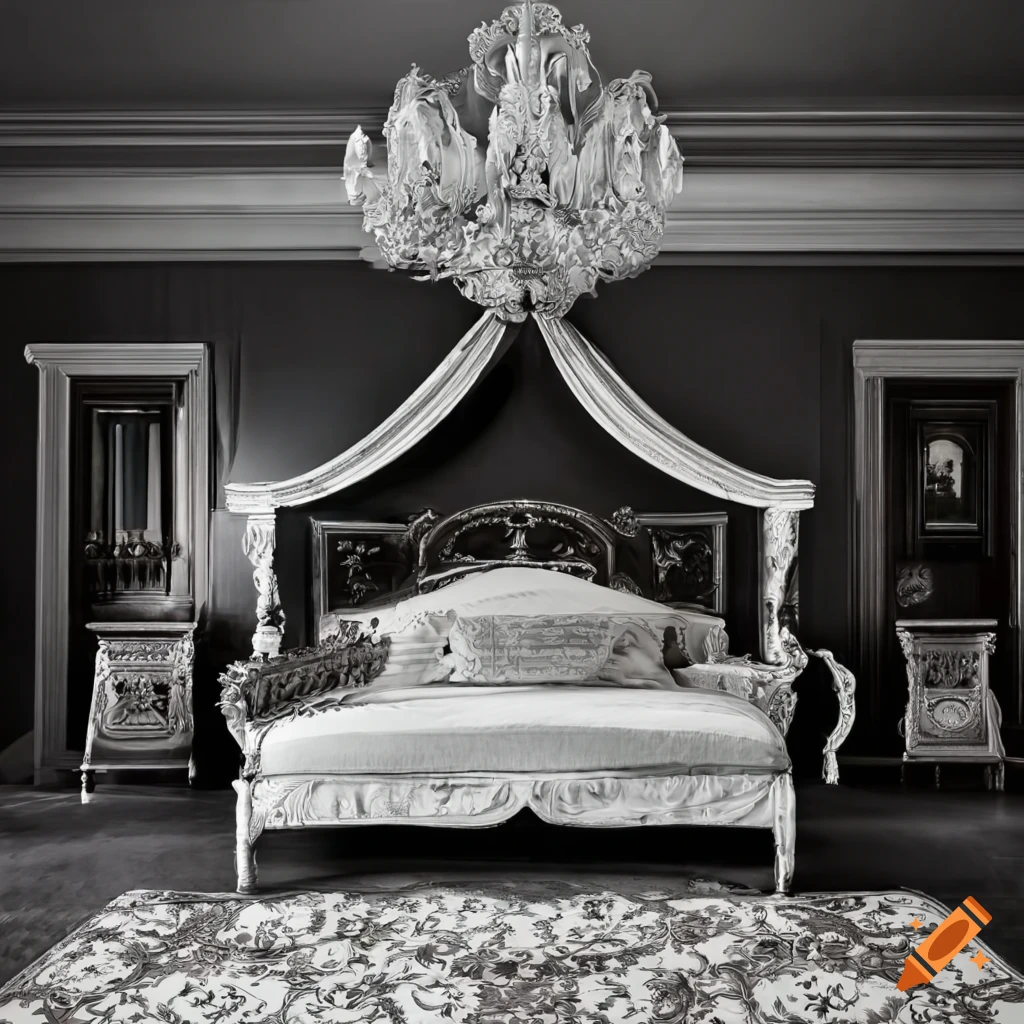 Monochrome bedroom suite with ornate bedhead on Craiyon