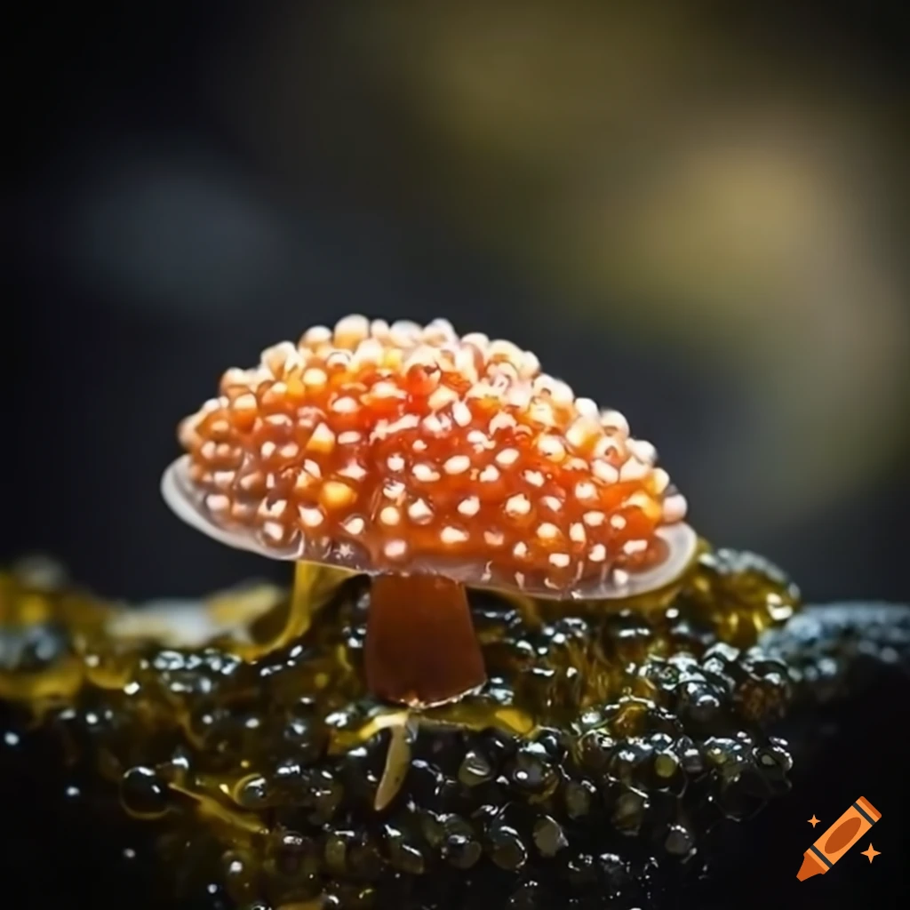 gourmet mushroom made of caviar on seaweed