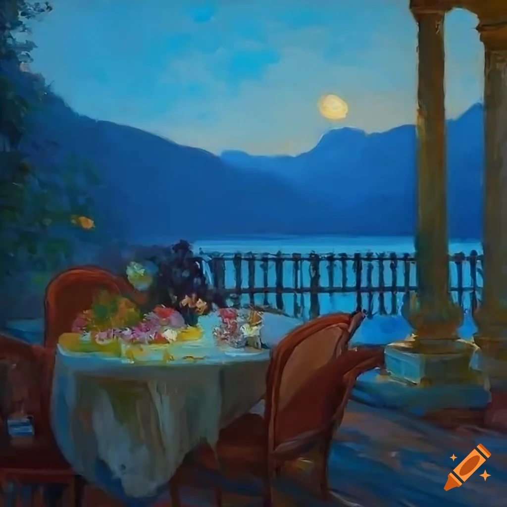 impressionist painting of a picturesque patio overlooking Lake Como