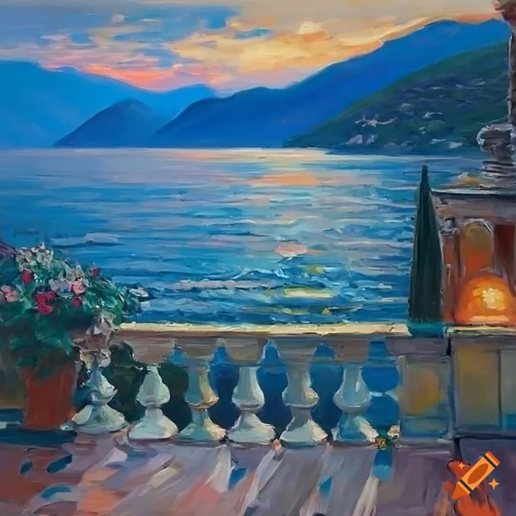 impressionist painting of a cozy patio with a view of Lake Como